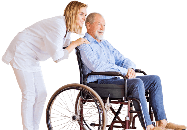 A nurse is helping an elderly man in a wheelchair.